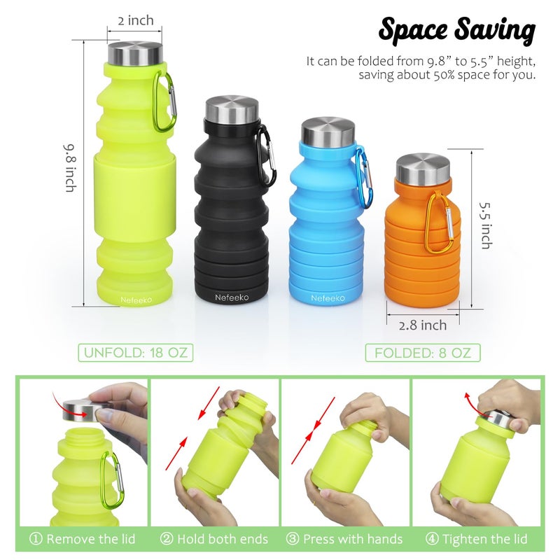 Nefeeko Collapsible Water Bottle, 18floz Reuseable BPA Free Silicone Foldable Water Bottles for Travel Gym Camping Hiking, Portable Leak Proof Sports Water Bottle with Carabiner - Image 2